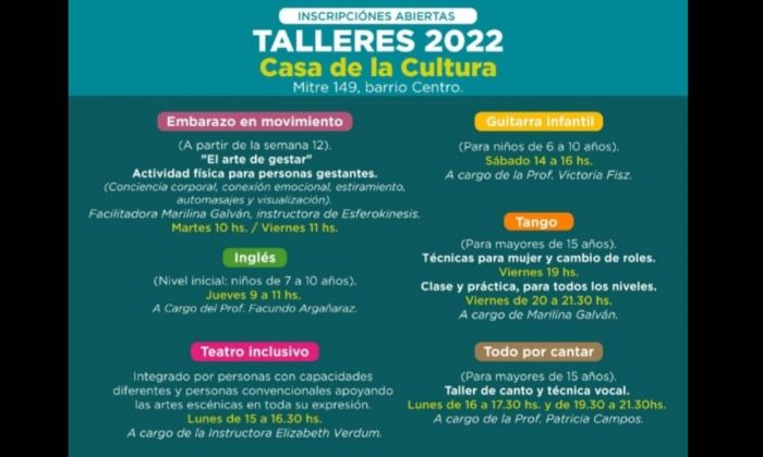 F. Varela: Reapertura de inscripción para talleres culturales anuales 2022