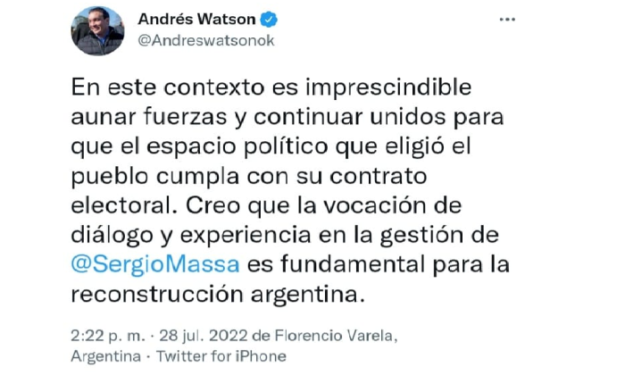 Florencio Varela: Andrés Watson respaldó a Sergio Massa