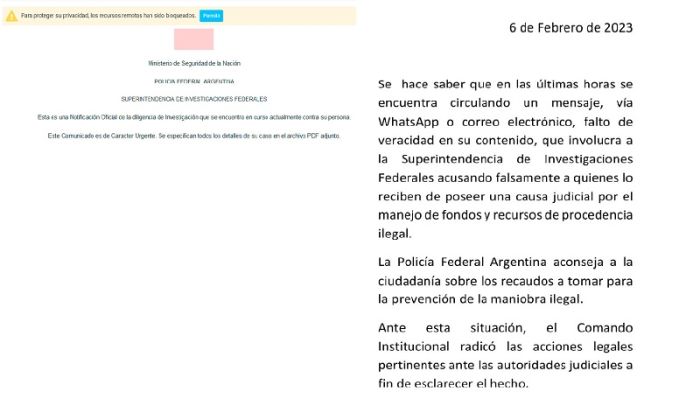 Ministerio de Seguridad de la Nación – Alerta por cyber estafa