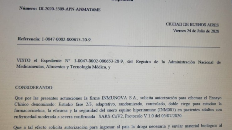 Coronavirus - ANMAT aprobó el ensayo clínico del suero hiperinmune