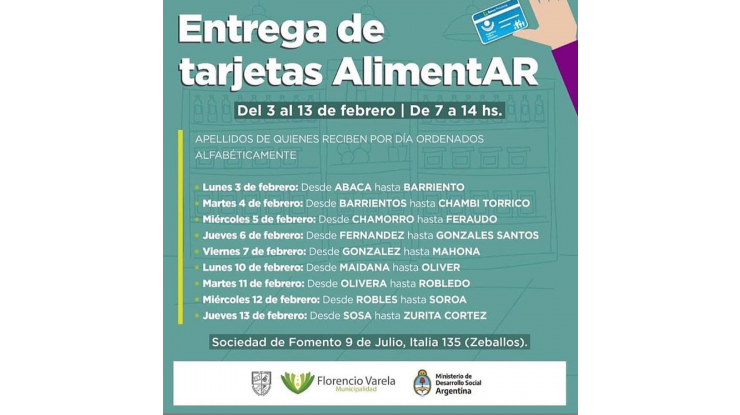 Mañana comienza la entrega de las Tarjetas AlimentAR en F. Varela